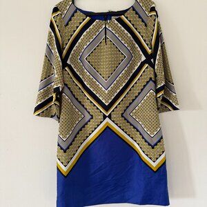 Banana Republic Geometric Print Shift Dress Size 6 Blue Yellow Mod Retro